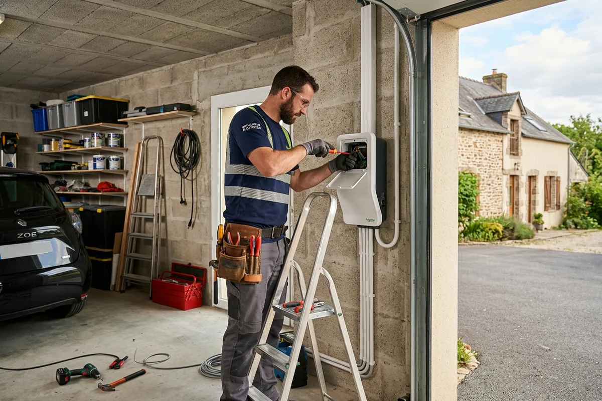 Pose professionnelle d'une borne de recharge murale sécurisée dans un garage à Montaigu-Vendée Pose professionnelle d'une borne de recharge murale sécurisée dans un garage à Montaigu-Vendée